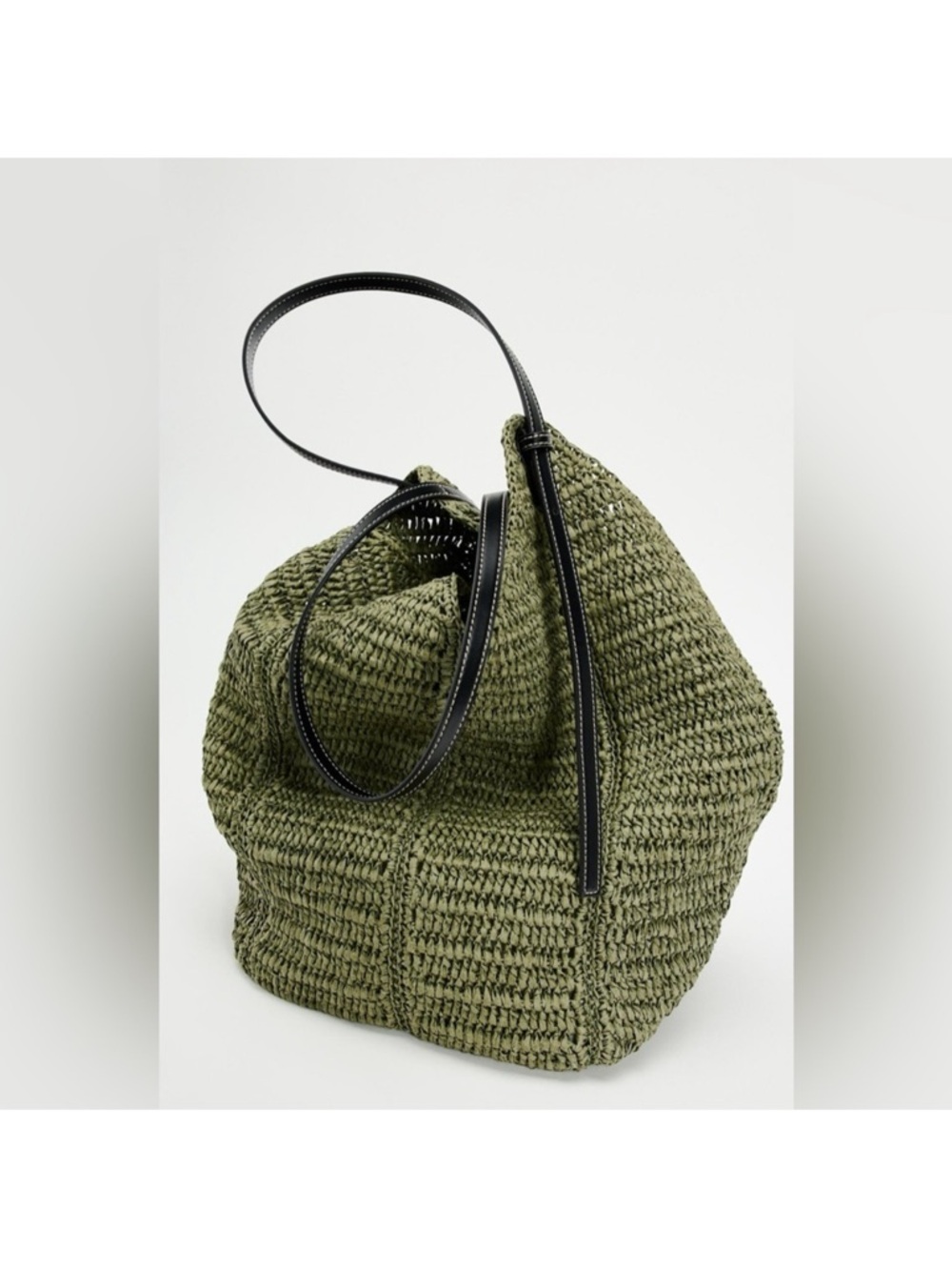 Zara Olive Woven Tote Bag with Dark Handles - Picture 4 of 4
